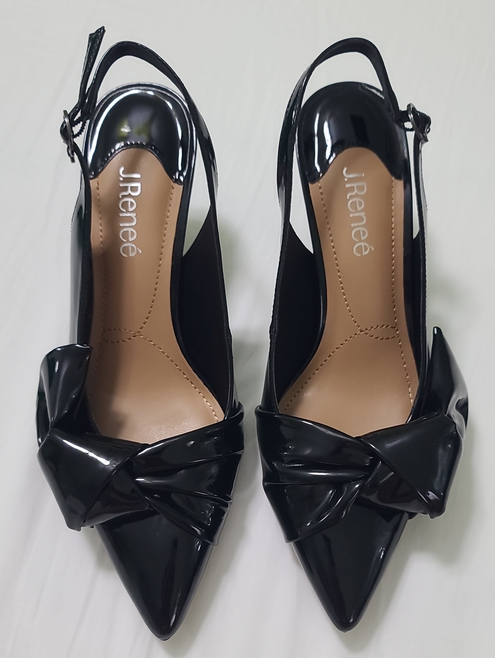 J.Renee Black Patent Leonore Pointed Knot Slingback Heels